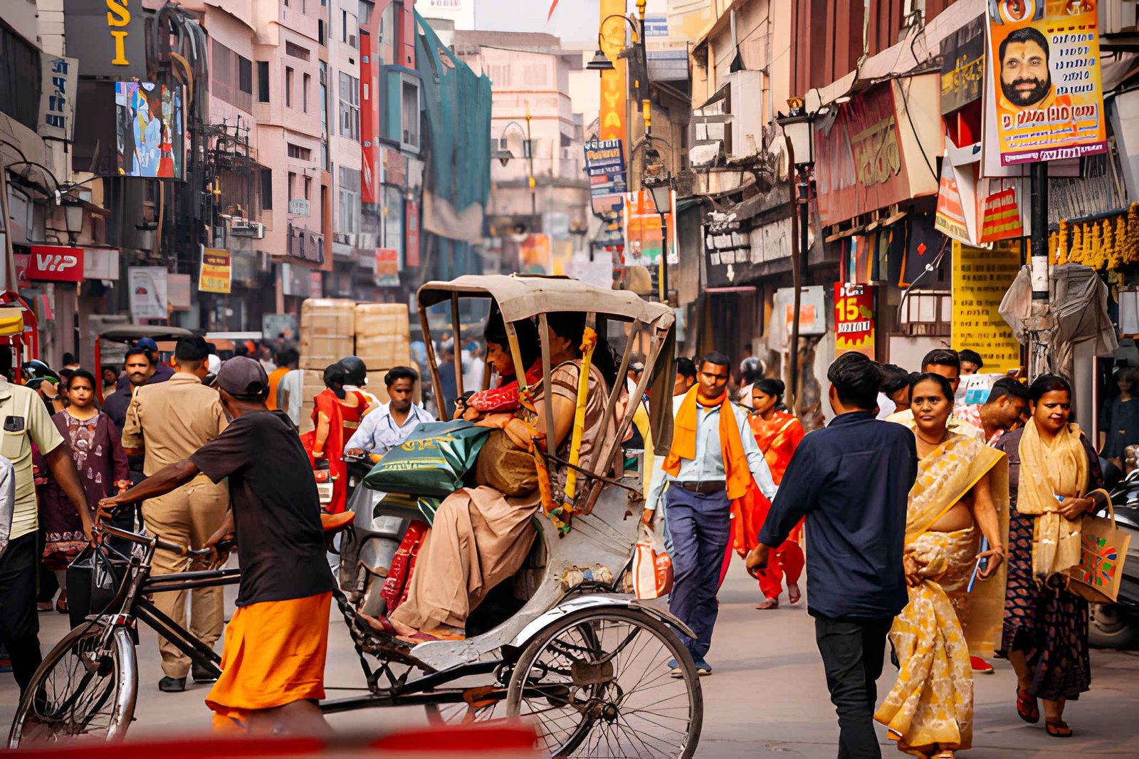 Traditional colorful rickshaw ride experience on the busy streets of Dhaka city